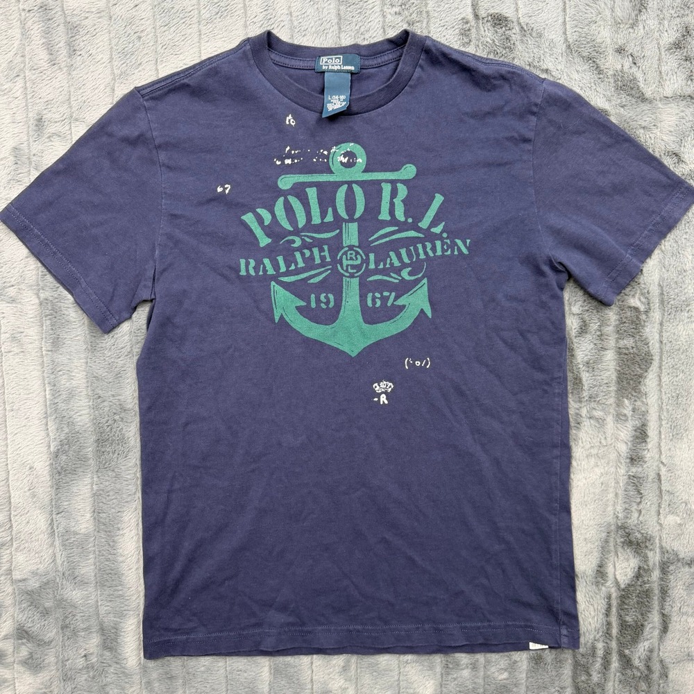 Polo Ralph Lauren Boys Navy Blue Anchor Graphic T-Shirt Size L 14-16